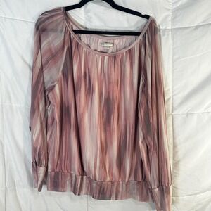 Cooper & Ella Women's XL Long Sleeve Printed Mesh Top Blouse Pink White